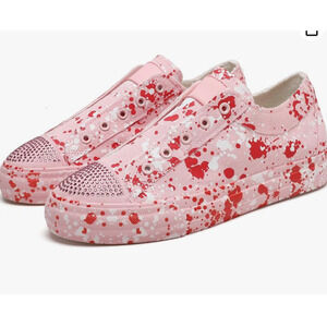 Women's Fashion Sneakers US 8.0 Slip-On Pink Red Splatter Pattern Blingy Toe NEW
